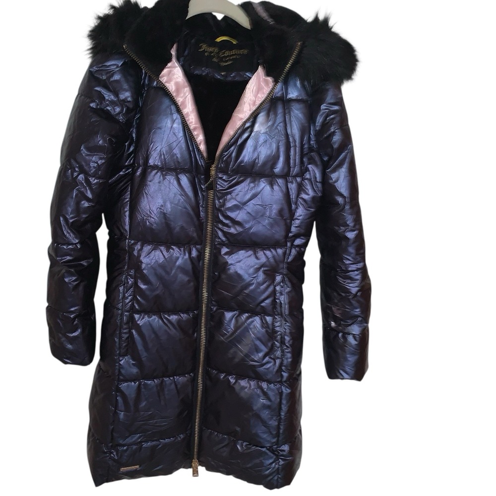 Juicy Couture Blue Nylon Down Filled quilted hooded Faux Fur jacket coat XS